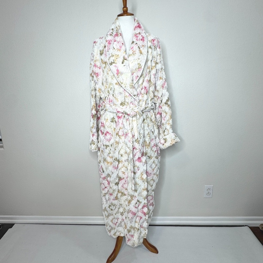 VTG STAN HERMAN Herbcraft 80s Chenille Maxi Robe LG Floral Belt Grandma Coquette